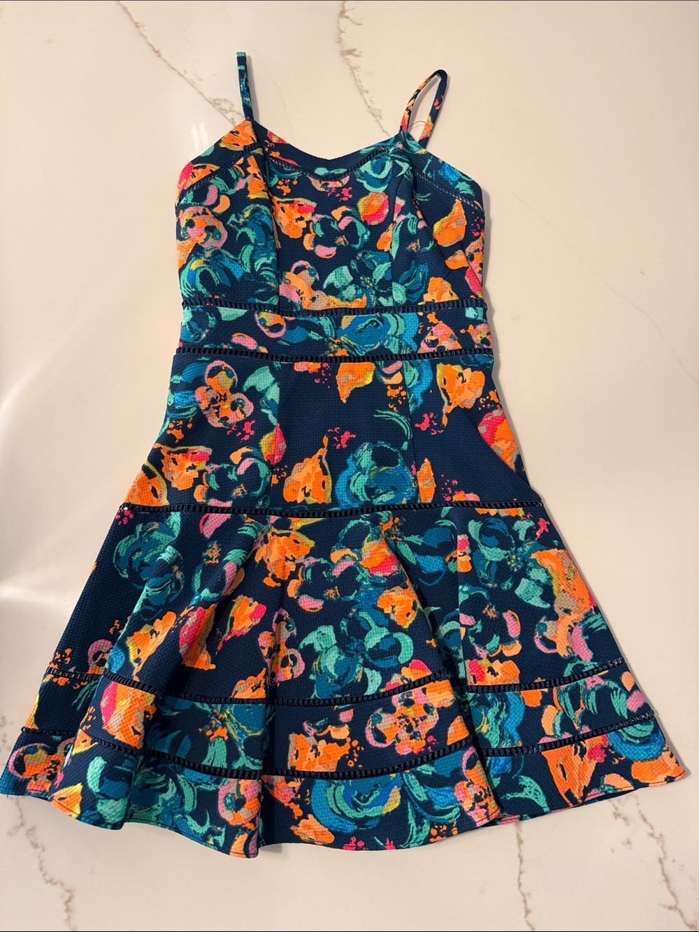 GB girls Navy Floral Spaghetti-Strap Fit & Flare Dress
